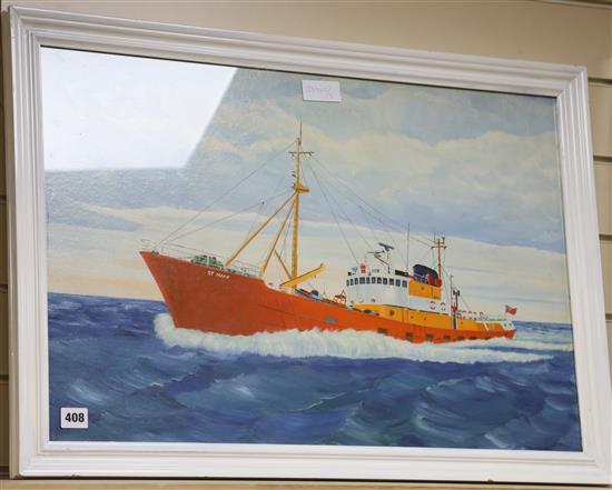 Modern British, oil on board, Portrait of the Lowestoft fishing boat St. Mark, Canadian School, oil on board, Canadian locomotive, 39 x